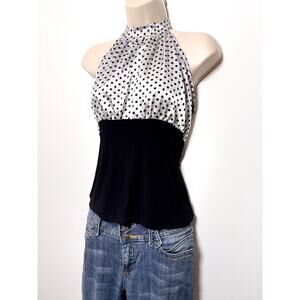 Vtg Y2K White Polka Dot Satin High Neck Halter Top Office Siren